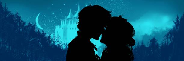 ilustrações, clipart, desenhos animados e ícones de fundo romântico do antigo castelo medieval ocidental e floresta profunda com ilustração de silhueta em preto e branco de um jovem casal amoroso se beijando. - castle fantasy fairy tale medieval