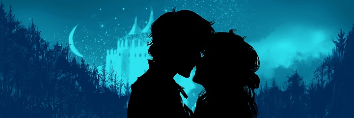 Romantic background of medieval western old castle and deep forest with black and white silhouette illustration of a loving young couple kissing.