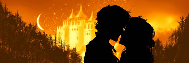 illustrazioni stock, clip art, cartoni animati e icone di tendenza di sfondo romantico del vecchio castello occidentale medievale e della foresta profonda con l'illustrazione della silhouette in bianco e nero di una giovane coppia amorevole che si bacia. - prince charming
