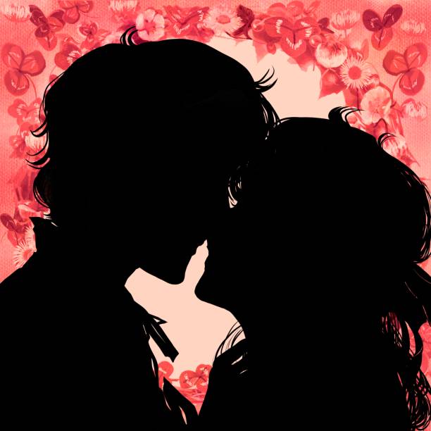 czarno-biała ilustracja sylwetki młodej zakochanej pary całującej się i tło ogrodu kwiatowego - prince charming stock illustrations