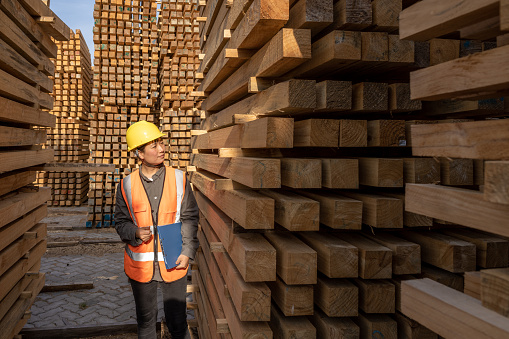 A Chinese female warehouse worker works in a timber warehouse