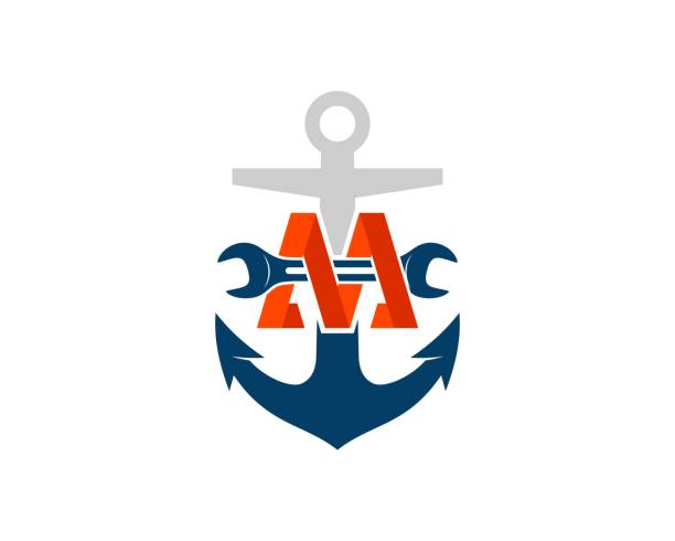 m 문자 초기와 수리 렌치를 내부에 앵커 선박 - anchor harbor vector symbol stock illustrations