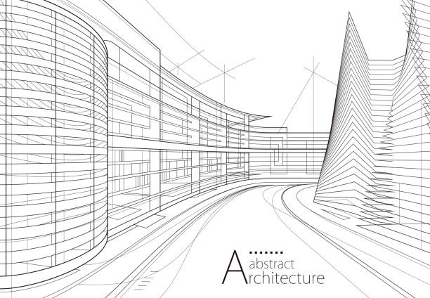 ilustraciones, imágenes clip art, dibujos animados e iconos de stock de arquitectura construcción de edificios diseño de perspectiva, construcción urbana moderna abstracta dibujo en blanco y negro. - street technology blueprint city