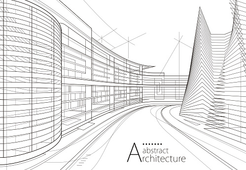 3D illustration Imagination architecture building construction perspective design,abstract modern urban building out-line black and white drawing.