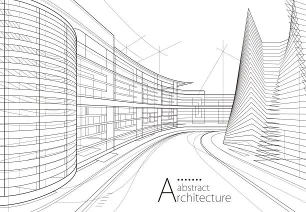 Vector illustration of Architecture building construction perspective design, abstract modern urban building out-line black and white drawing.