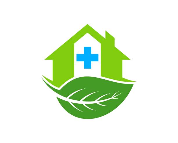 illustrations, cliparts, dessins animés et icônes de maison d’hôpital simple avec feuille de nature verte - apartment window sky sun