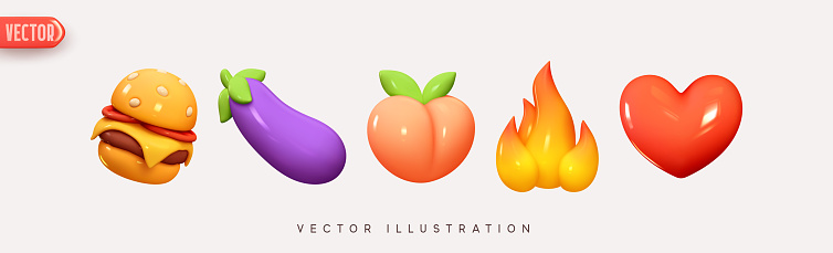 Set of icons food burger, lilac eggplant, pink peach, yellow fire and red heart. realistic 3d render. Vector illustration