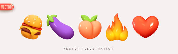 Set of icons food burger, lilac eggplant, pink peach, yellow fire and red heart. Vector illustration Set of icons food burger, lilac eggplant, pink peach, yellow fire and red heart. realistic 3d render. Vector illustration peach stock illustrations
