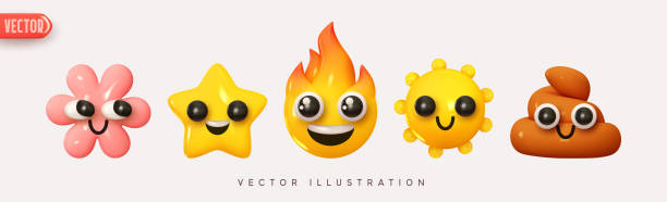 Set of icons realistic emotion. Vector illustration Set Icon Smile Emoji. Realistic Yellow Glossy 3d Emotions face Joyful poop, smile sun, lucky flower, fire, star. Pack 3. Vector illustration facebook reactions stock illustrations