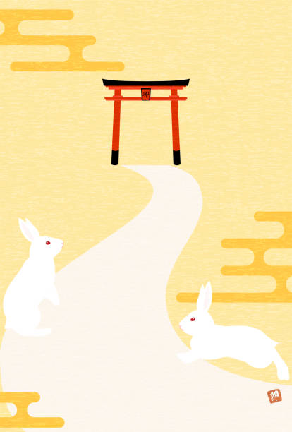 illustrations, cliparts, dessins animés et icônes de nengajo pour l’année du lapin 2023, fond japonais d’un lapin et porte torii, eh haze, se dirigeant vers un sanctuaire pour la première fois - hatsumode