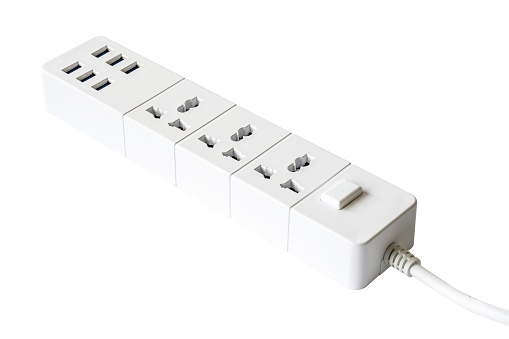 Extension power strip or trailer plug or extension cord with 6 USB charging hub ports isolated on white background. Clipping path.