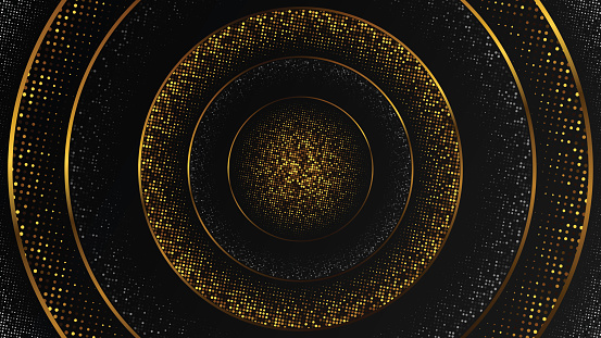 Abstract background of a halftone gradient. Luxury decoration, golden glitter pattern. Modern geometric style. A round place for text. Stylish conception. Black and gold template, minimal banner.