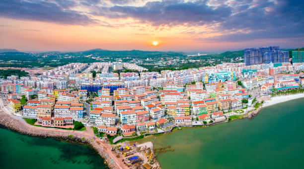 Colorful buildings Mediterranean area in An Thoi town, Phu Quoc island, Vietnam. stock photo