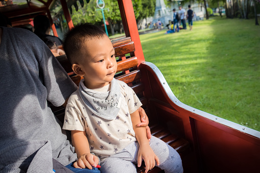 Shot of mother and her little son sit on tram in summer day at the amusement park. Concept of friendly family and vacation