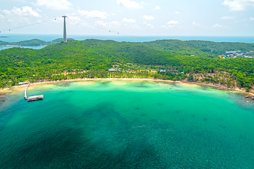 Aerial View of Thom Island, Phu Quoc, Vietnam. Beautiful tropical blue beach in the Gulf of Thailand