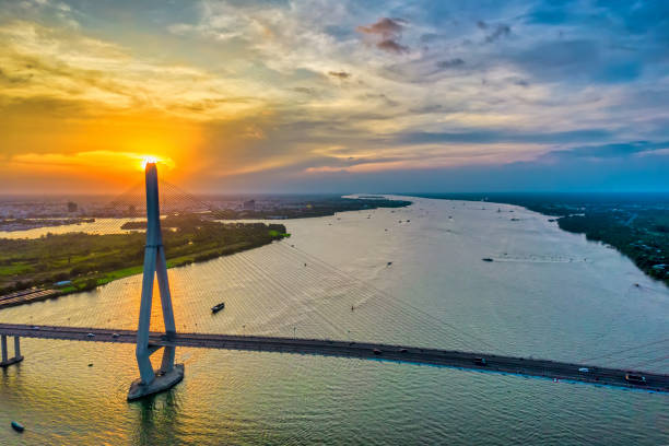 Can Tho bridge, Can Tho city, Vietnam, aerial view sunset sky stock photo