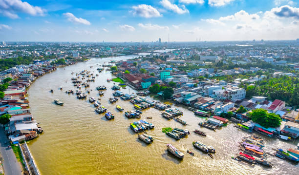 Cai Rang floating market, Can Tho, Vietnam, aerial view stock photo