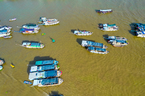 Cai Rang floating market, Can Tho, Vietnam, aerial view. Cai Rang is famous market in mekong delta, Vietnam.
