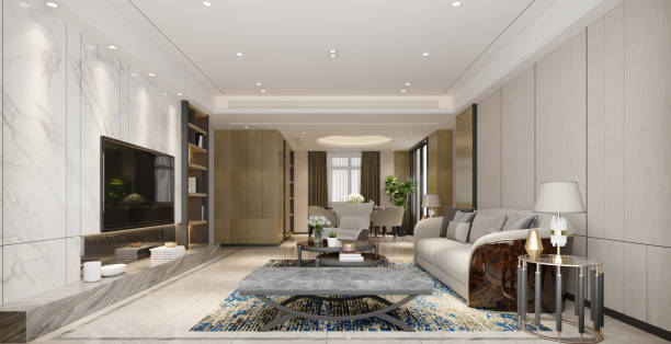 istock Interior living room modern style,brown sofa with wall decorate background. 3D illustration 1397641387