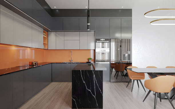 istock Modern Dining and kitchen interior with island table.3D illustration 1397641431