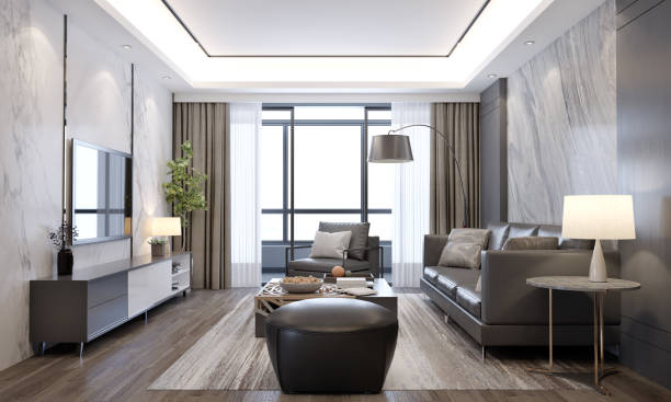 istock Gray sofa with gray marble pattern wall and Wooden Floor,white curtian. 3D illustration 1397641469