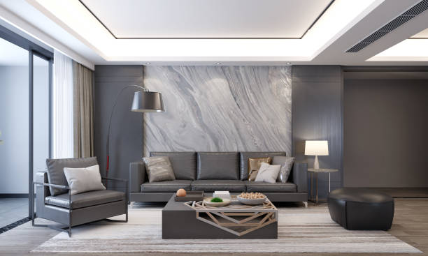 istock Gray sofa with gray marble pattern wall and Wooden Floor,white curtian. 3D illustration 1397641472