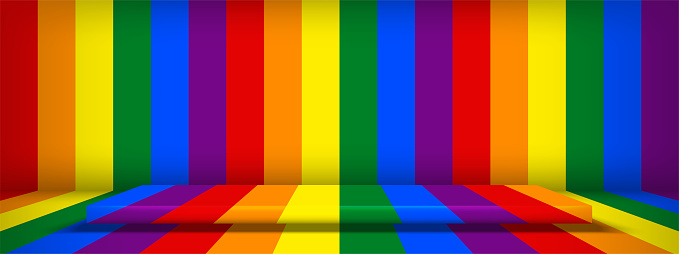 LGBT pride stage or Rainbow room scene. Empty square pedestal design on rainbow line stripes vertical background for LGBT banner. Pride stage. Vector illustration.