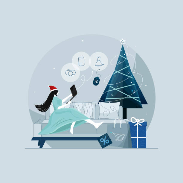 ilustrações, clipart, desenhos animados e ícones de oferta especial de venda de natal, compras online com grande conceito de desconto - mail cheerful new surprise