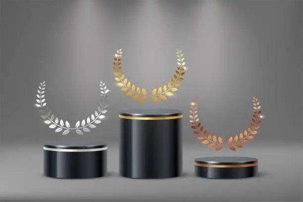 Vector illustration of 3d black cylinder podium set, pipe platforms with gold, silver and copper laurel wreath