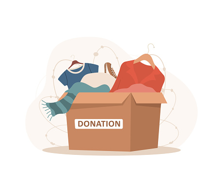 Clothes donation. Cardboard box full of different things. Volunteering and social care concept. Support for poor people. International charity day. Vector illustration in cartoon style.