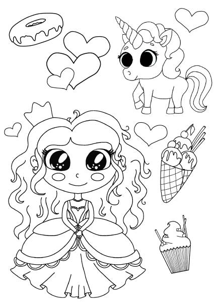 ilustrações, clipart, desenhos animados e ícones de livro de colorir para crianças, uma princesa em um vestido lindo e uma coroa em sua cabeça, cercado por um unicórnio, doces e corações - creamsicle