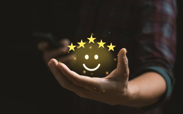 istock Customer satisfaction concept. Hand with thumb up Positive emotion smiley face icon and five star with copy space. 5 star satisfaction, Excellent business rating experience 1397651783