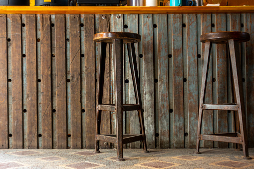 Vintage and rustic wooden bar andcaffe stools