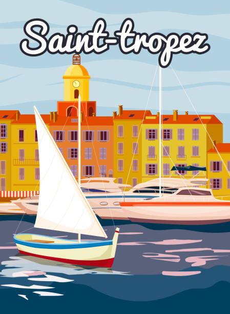 Saint-Tropez France Travel Poster, old city Mediterranean, retro style. Cote d Azur of Travel sea vacation Europe. Vintage style vector illustration Saint-Tropez France Travel Poster, old city Mediterranean, retro style. Cote d Azur of Travel sea vacation Europe. Vintage style vector illustration isolated france village blue sky stock illustrations