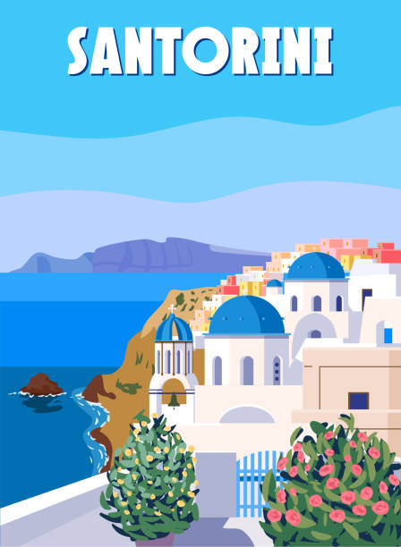 ilustrações, clipart, desenhos animados e ícones de grécia santorini poster travel, edifícios brancos gregos com telhados azuis, igreja, pôster, antiga cultura e arquitetura europeia do mediterrâneo - grécia ilustrações