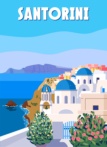 Greece Santorini Poster Travel, Greek white buildings with blue roofs, church, poster, old Mediterranean European culture and architecture. Vintage style vector illustration