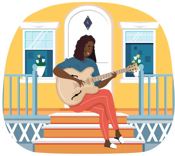 Vector illustration of Woman sings song. Girl sits on doorstep of her house and plays guitar. Person creates music