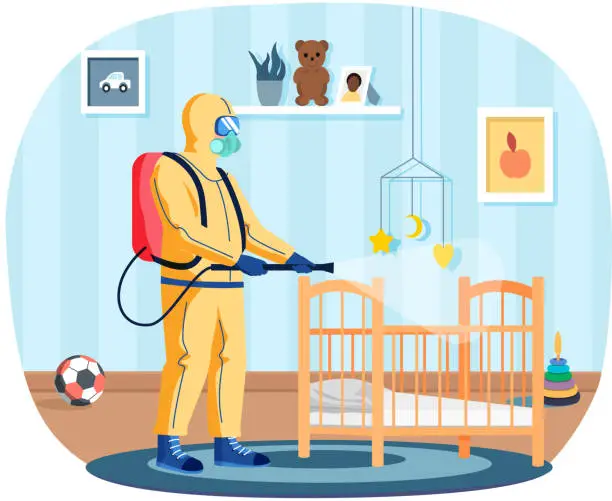Vector illustration of Man in protective suit disinfects children room with spray gun. Prevention against spread of disease