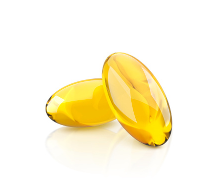 Golden oil capsule of vitamin A, E, Omega 3 or collagen. Vector realistic mockup of medical pill with fish fat or organic cosmetic oil. Clear yellow tablets isolated on transparent background. 3d rend