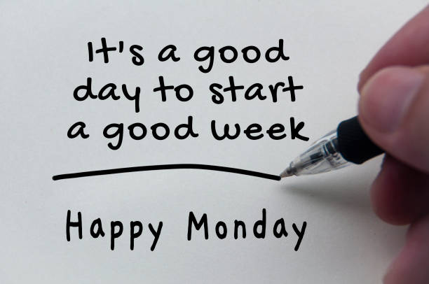 Quotes and text of Happy Monday on notepad. Morning greetings concept Quotes and text of Happy Monday on notepad. monday stock pictures, royalty-free photos & images