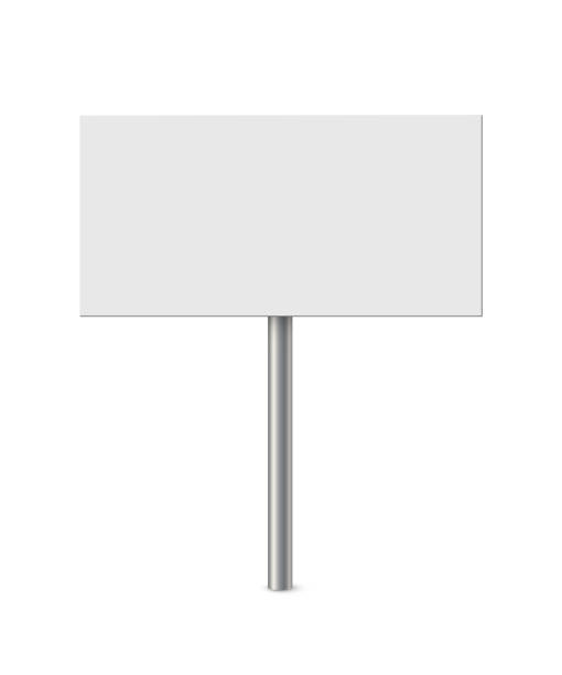 istock Empty metal sign post vector illustration. Realistic 3d blank steel signboard with blank placard for information and white plank, billboard panel on bollard, guidepost isolated on white background. 1397654533