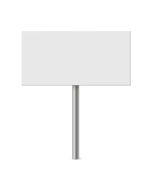 Vector illustration of Empty metal sign post vector illustration. Realistic 3d blank steel signboard with blank placard for information and white plank, billboard panel on bollard, guidepost isolated on white background.