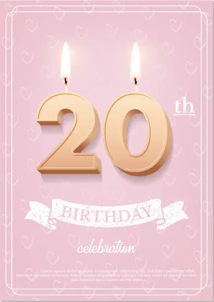 Vector illustration of Burning number 20 birthday candle with vintage ribbon and birthday celebration text on textured pink background in postcard format. Vector vertical twenty birthday invitation template.