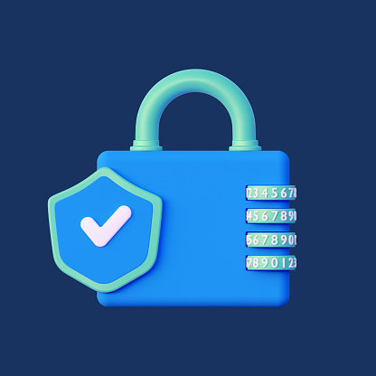 Icon shield with a combination lock. The concept of cyber security, Security and Privacy. An illustration of a 3d rendering highlighted on a dark blue background