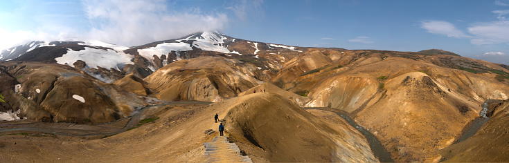 Panoramic view on small group of incidental tourists hiking at steaming hot spring river at Hveradalir  geothermal area against blue sky on sunny day, Iceland