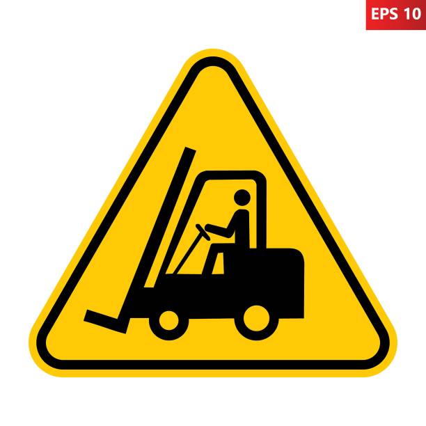 illustrazioni stock, clip art, cartoni animati e icone di tendenza di cartello di carrelli elevatori e altri veicoli industriali. - road warning sign