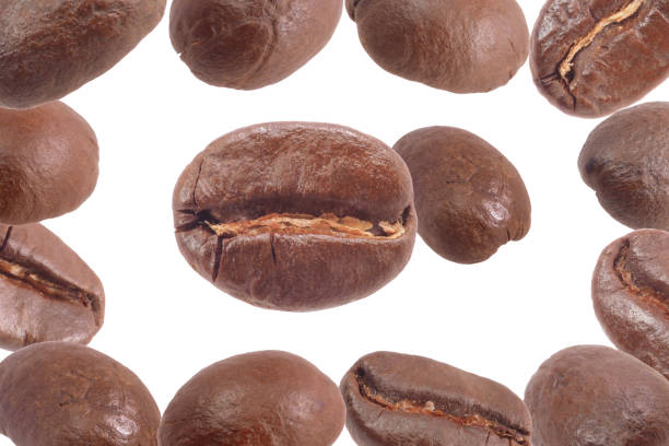 kaffeebohnengruppe isoliert auf weißem hintergrund. fallende körnige kaffeebohnensammlung. - grained bean coffee bean macro stock-fotos und bilder