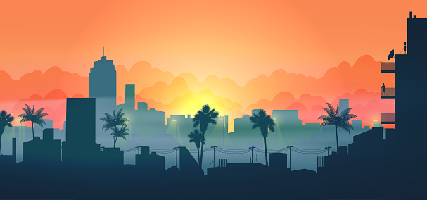 Minimal tropical city skyline with residential complex at sunset