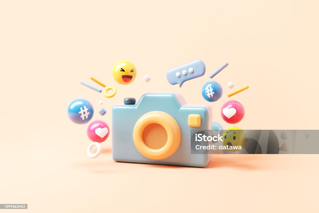 Minimal photo camera with social media notifications on pastel background. 3d render. Three Dimensional Stock Photo