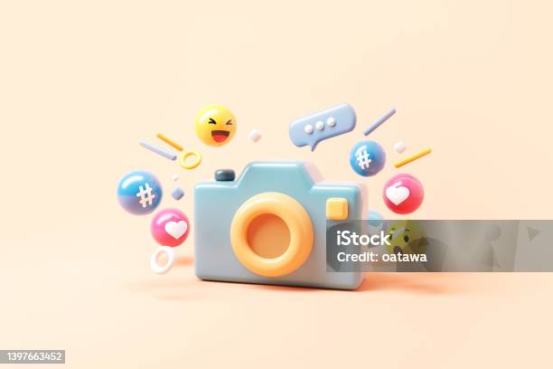 Minimal Photo Camera With Social Media Notifications On Pastel Background 3d Render Stock Photo - Download Image Now